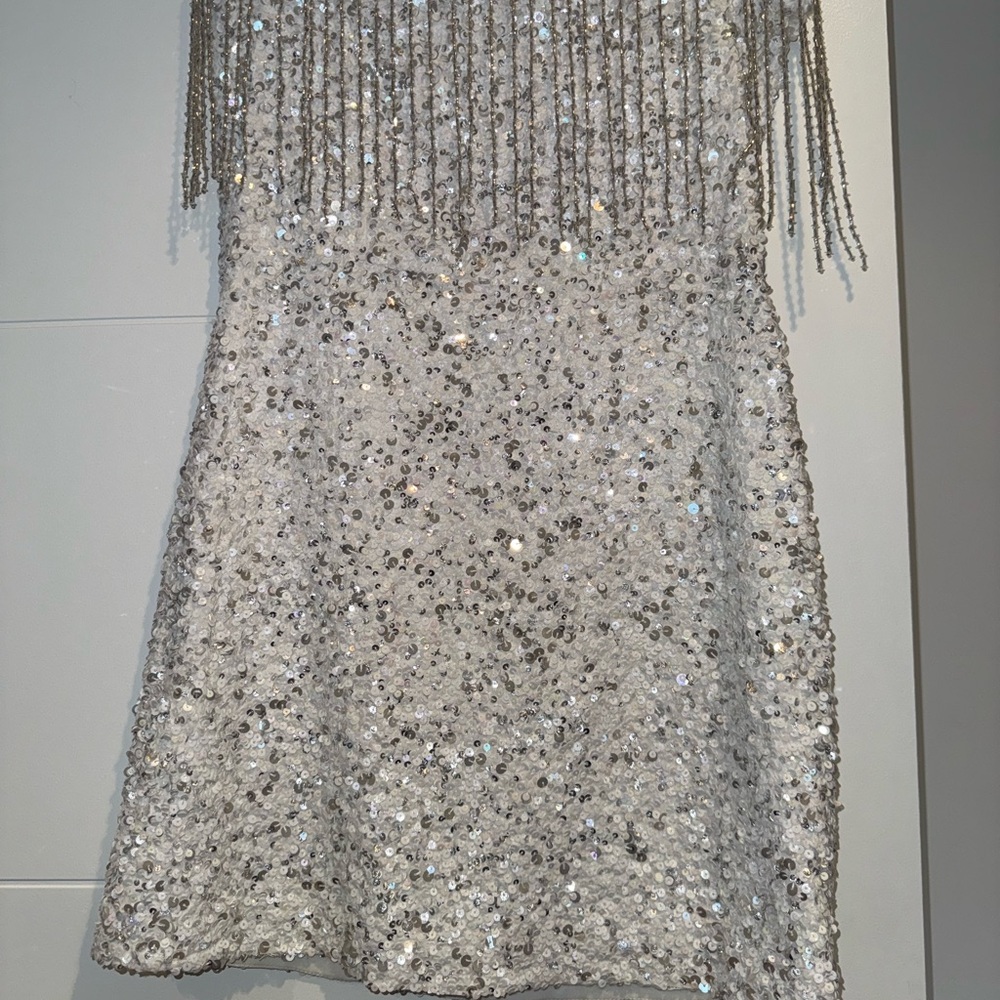 Retrofete White Sequin Dress with Fringe - Picture 2 of 7